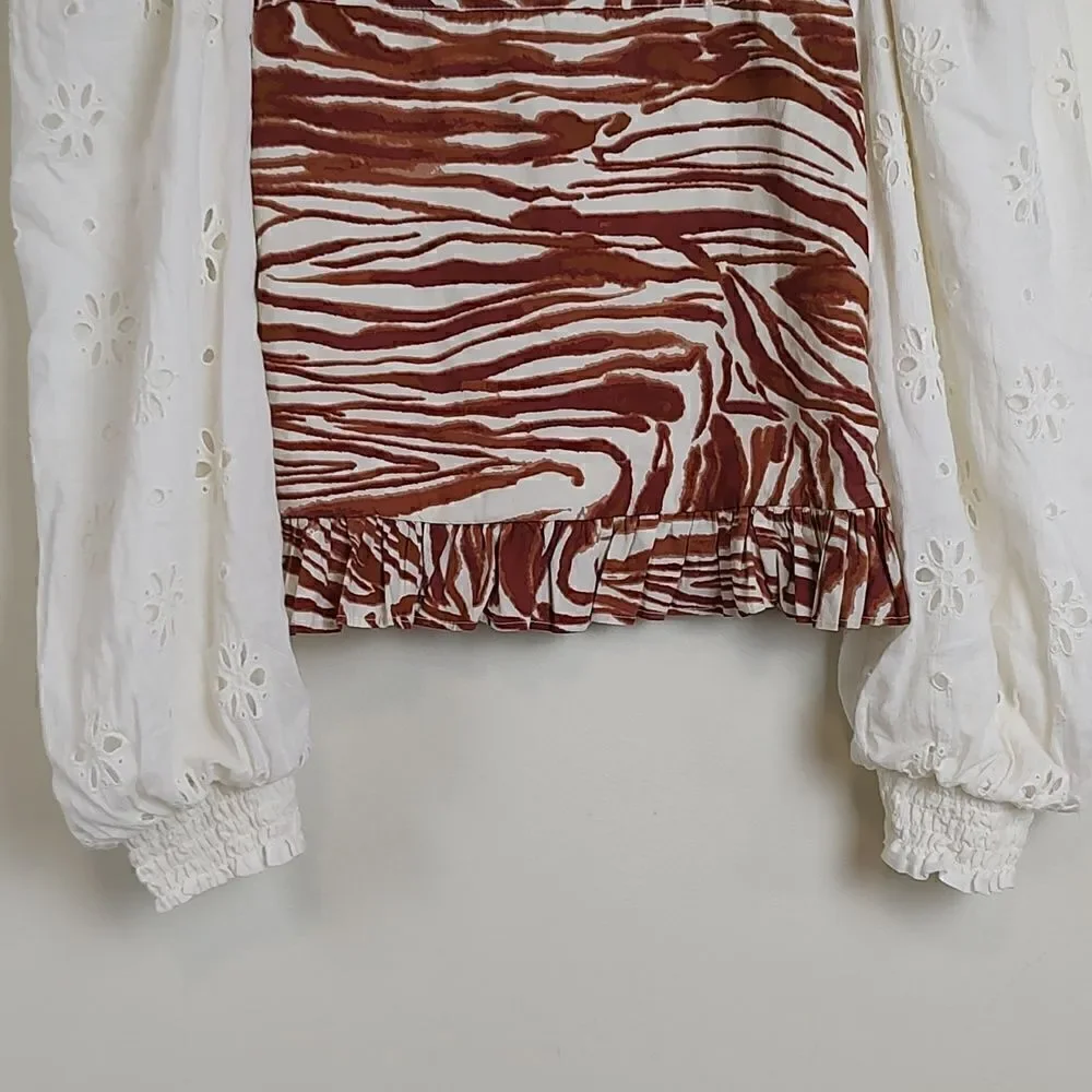 Anthropologie love the label Smocked Animal Print Eyelet Puff Sleeve Blouse NWT